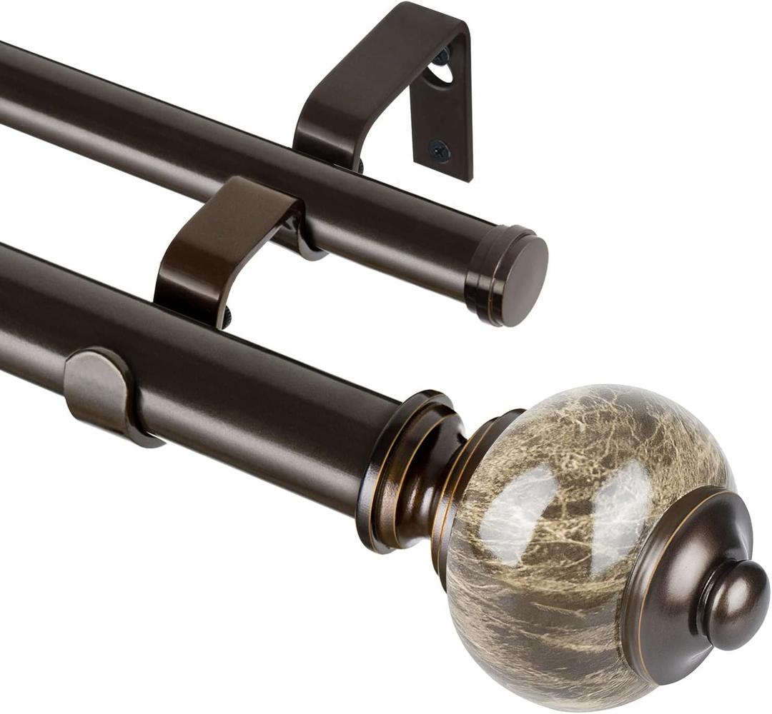 KAMANINA 1 Inch Double Curtain Rod 66 to 120 Inches (5.5-10ft), Bronze Telescoping Curtain Rods for Windows 54 to 115 inches, Heavy Duty Dual Drapery Rods with Marbled Finials