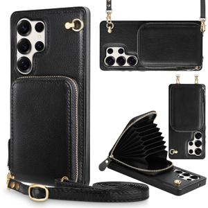 JAKPAK for Samsung Galaxy S25 Ultra Case with Card Slots Holder Zipper Leather Cover with Crossbody Lanyard Cell Pocket Phone Wallet RFID Blocking Handbag Purse 6.9inch Black