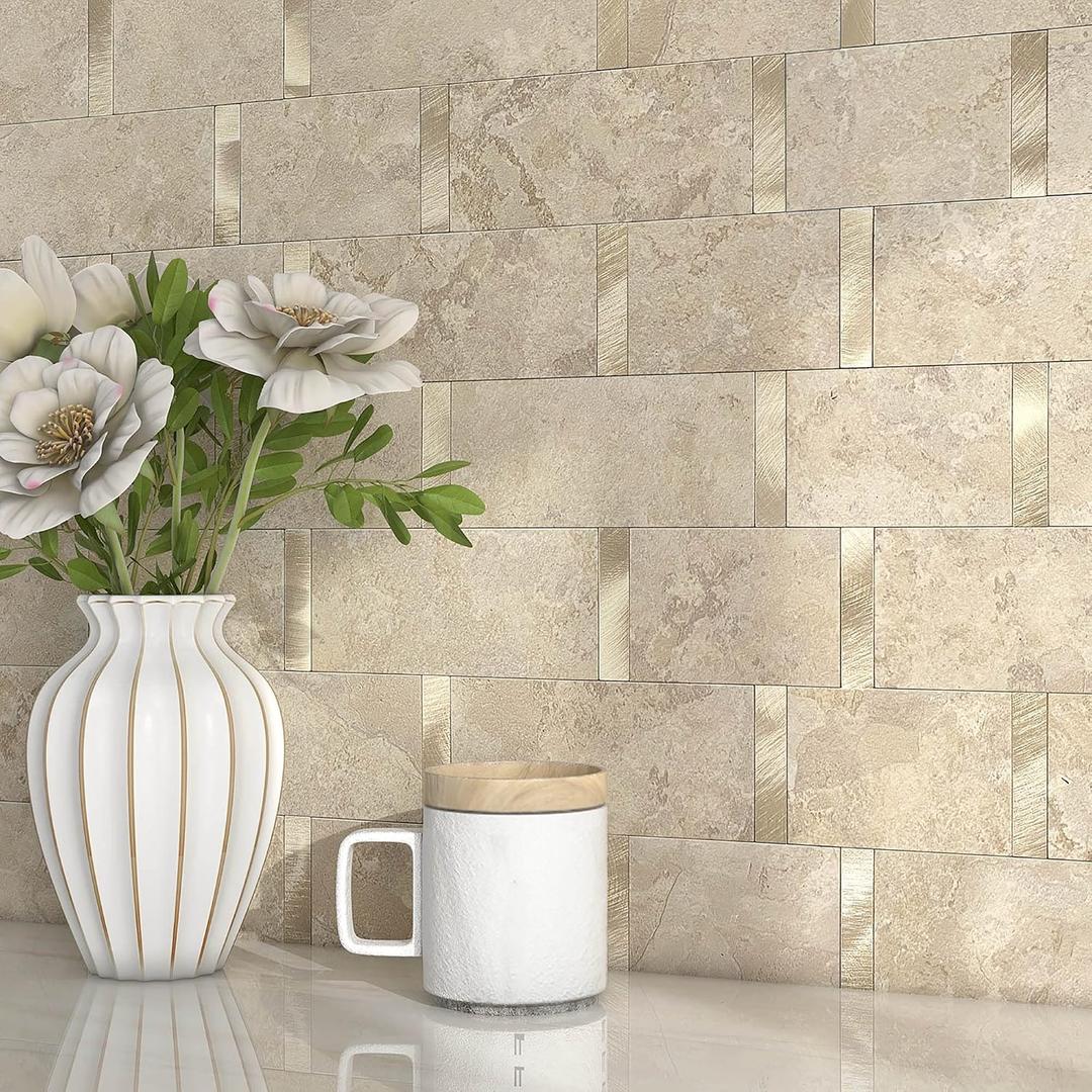 Matte Kitchen Subway Tile Peel and Stick Backsplash Self-Adhesive Bathroom Wall Tiles Waterproof 3D Metal and Marble Mosaic Panels Heat Resistant Fireplace(Rust Beige 10Tiles)