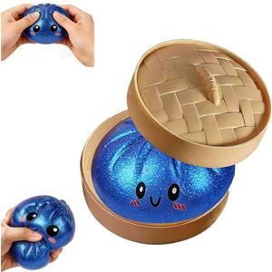 Glitter Dumpling Squishy, Colorful Dumpling Squishes Stress Balls with Steamer, Easter Gifts, Soft Squeeze Decompression Dough for Adults (Blue with Glitter)