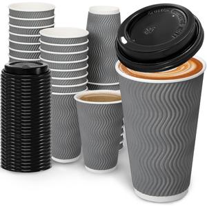 100 Pack 16 oz Coffee Cups with Lids, Disposable Insulated Hot Cups To Go Paper Coffee Cups, Corrugated Ripple Wall Cup for Hot Drink, Office, Coffee Bar (Grey 16 oz)