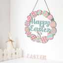 Easter Wreaths for Front Door, Colorful Bunny Eggs Wood Wreath, Wood Easter Decorations for Home, Happy Easters Sign for Indoor Outdoor Decor