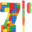Number 7 Pinata with Blindfold and Bat Stick Building Block 7th Birthday Decorations for Kids Boys Girls Building Block Birthday Party Games Number Pinata for Fiesta