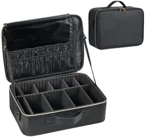 Makeup Travel Case, 16 Inch Makeup Artist Bag with Compartment and Dividers, Portable Cosmetic Bag for Women with Brush Storage Sturdy Dual Zip Closure, Waterproof, Durable, Gift for Her, Black