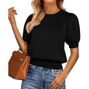 PRETTYGARDEN Womens Sweaters Spring 2026 Summer Puff Short Sleeve Sweater Trendy Cute Knit Work Blouses Business Casual Tops, M
