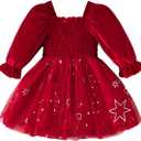 Toddler Smocked Velvet Tulle Tutu Long Sleeve Shiny Sequins My First Christmas Baby Girl Outfits Infant Wedding Dress (12-18 Months, Red Star)