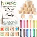 Baby Shower Games Sign Kit with 50 Blank Wooden Baby Blocks, 24 Acrylic Paint Marker and Wooden Sign, Blocks for Baby Shower, Gender Reveals Party(Green)