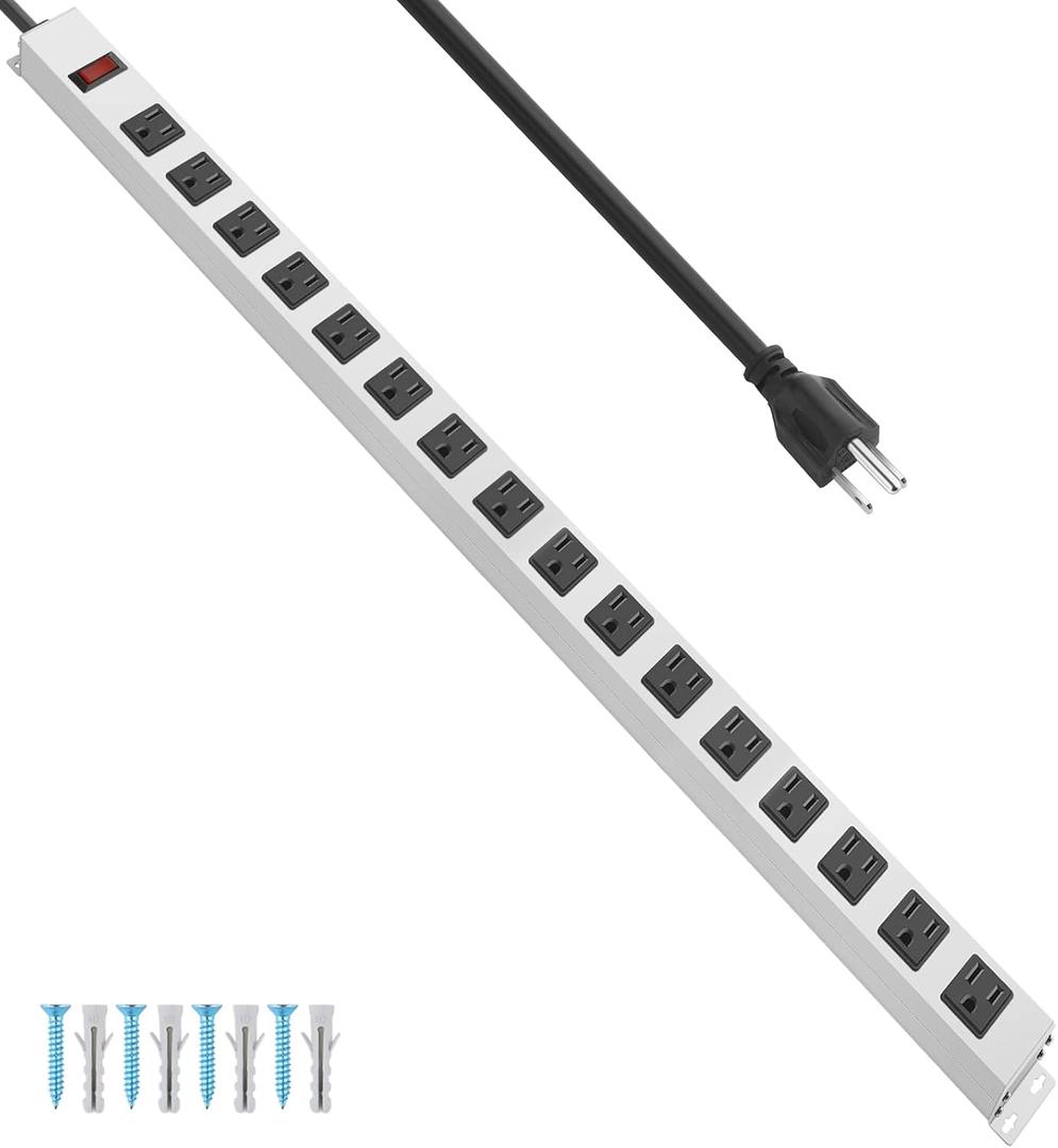 Metal 16 Outlet Power Strip, Mountable Heavy Duty Power Strip, 1200J Surge Protector Wall Mount Screws Outlet with Switch, Gaming Desk Strips Wide Spaced 15A 125V 1875W, 10 FT 14AWG Power Cord
