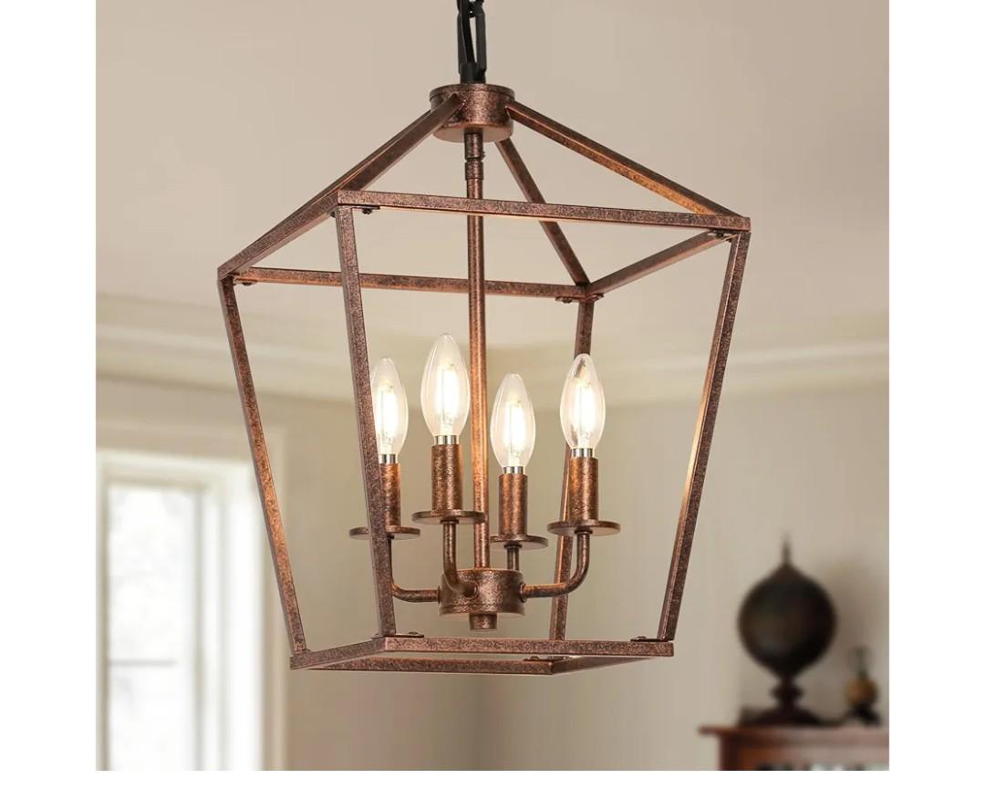 Rustic Lantern Chandeliers 4-Light Ceiling Cage Hanging Lights Black Gold Pendant Light Fixtures for Kitchen Island Dining Room Farmhouse Entryway Foyer
