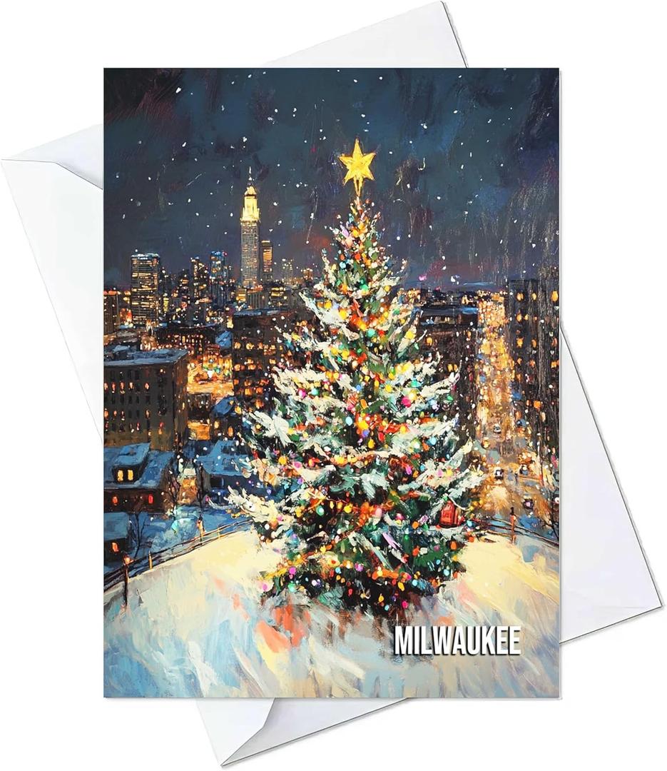 Milwaukee City Christmas Tree Greeting Cards - Cards with Envelopes - (Set of 10) Large 5.8 x 8.3 inch Folded Card Blank Note Cards Holiday Xmas 9 (Milwaukee, Pack of 10)