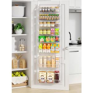 Delamu Over The Door Pantry Organizer, 8-Tier Pantry Door Organizers and Storage with Adjustable Basket, Metal Hanging Spice Rack, Seasoning Organizer, Door Organizer for Home Kitchen Bathroom, White