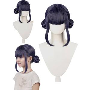 TIKJOYS Wig Cap + Dark Purple Wigs with Braided Buns for Women Short Black Purple Costume Wigs with Bangs for Cosplay 2 Braid Buns Cosplay Wigs for Halloween Party Costume Anime Outfit