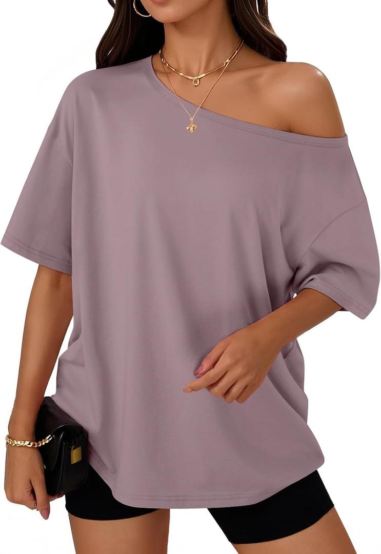 Trendy Queen Womens Off The Shoulder Tops Oversized T-Shirts Short Sleeve Tees Summer 2025 Casual Spring Fashion Clothes (Purple, L)