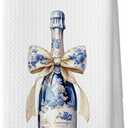 Chinoiserie Porcelain Champagne Kitchen Dish Towels, Blue and White Ribbon Floral Bottle Gifts for Wine Lovers, Trendy Bow Hand Towels Kitchen Bathroom Bar Tea Towels Decorations, 16x24inch