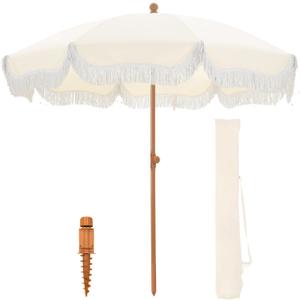 GREEN PARTY 7ft Patio Umbrella with Fringe, Portable Outdoor Beach Umbrella with Sand Anchor, Carry Bag, Push Button Tilt, UPF 50+ UV Protection, White