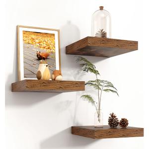 Square Floating Shelves for Wall, 8"W x 8"D x 1.2"H, 3 Pack of Small Wall Mounted Engineered Wood Shelves with Invisible Brackets for Living Room Bedroom Bathroom Kitchen Decor, Rustic Brown