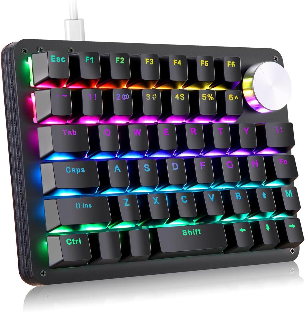 Koolertron One Handed Mechanical Gaming Keyboard, 45-Key Fully Programmable Mini Keypad, Mini USB Macro Keyboard with Rotating Knob, RGB Backlit Red Switches, for Windows PC Gamers