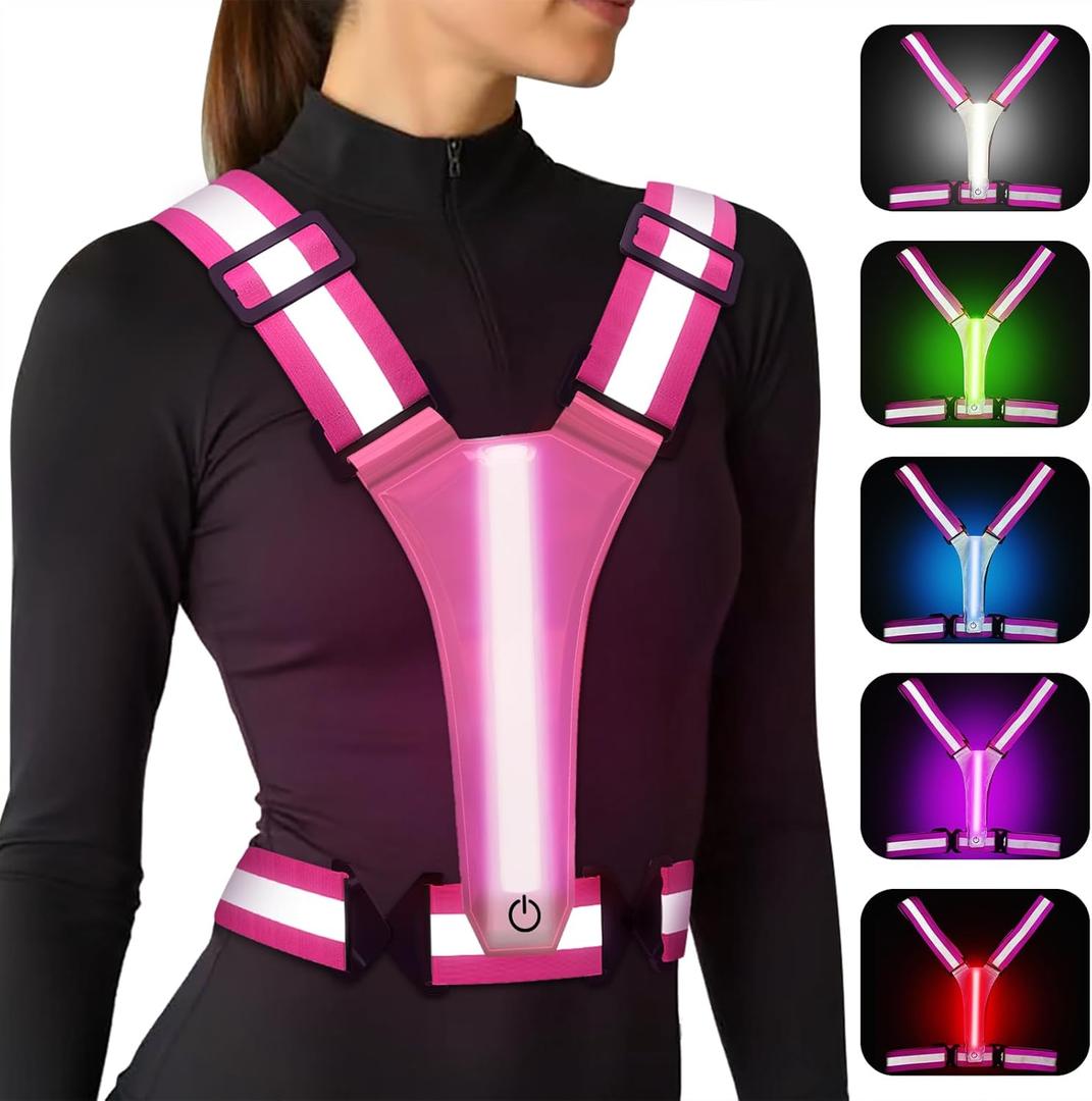 LED Reflective Vest Running Gear, 5 Colors Lights Up Running Vest for Night Walking Cycling Jogging, Adjustable Size for Men Women Kids, Rechargeable and High Visible (Pink)