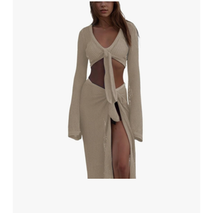 Crochet Two Piece Set Coverups Crop V Neck Long Sleeve Shirt Hollow Out Split Wrap Skirt Sexy Beach Sets Small