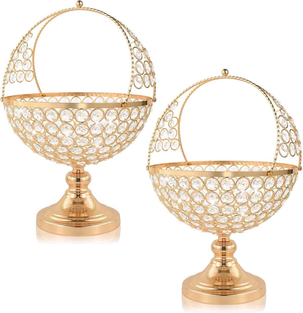 Crystal Candy Bowl Holder, Decorative Fruit Bowl Stand, Flower Basket Ornament, Home Decor, for Displaying Fruits or Artificial Flowers, Table Centerpiece (Gold, 2 Pcs L)