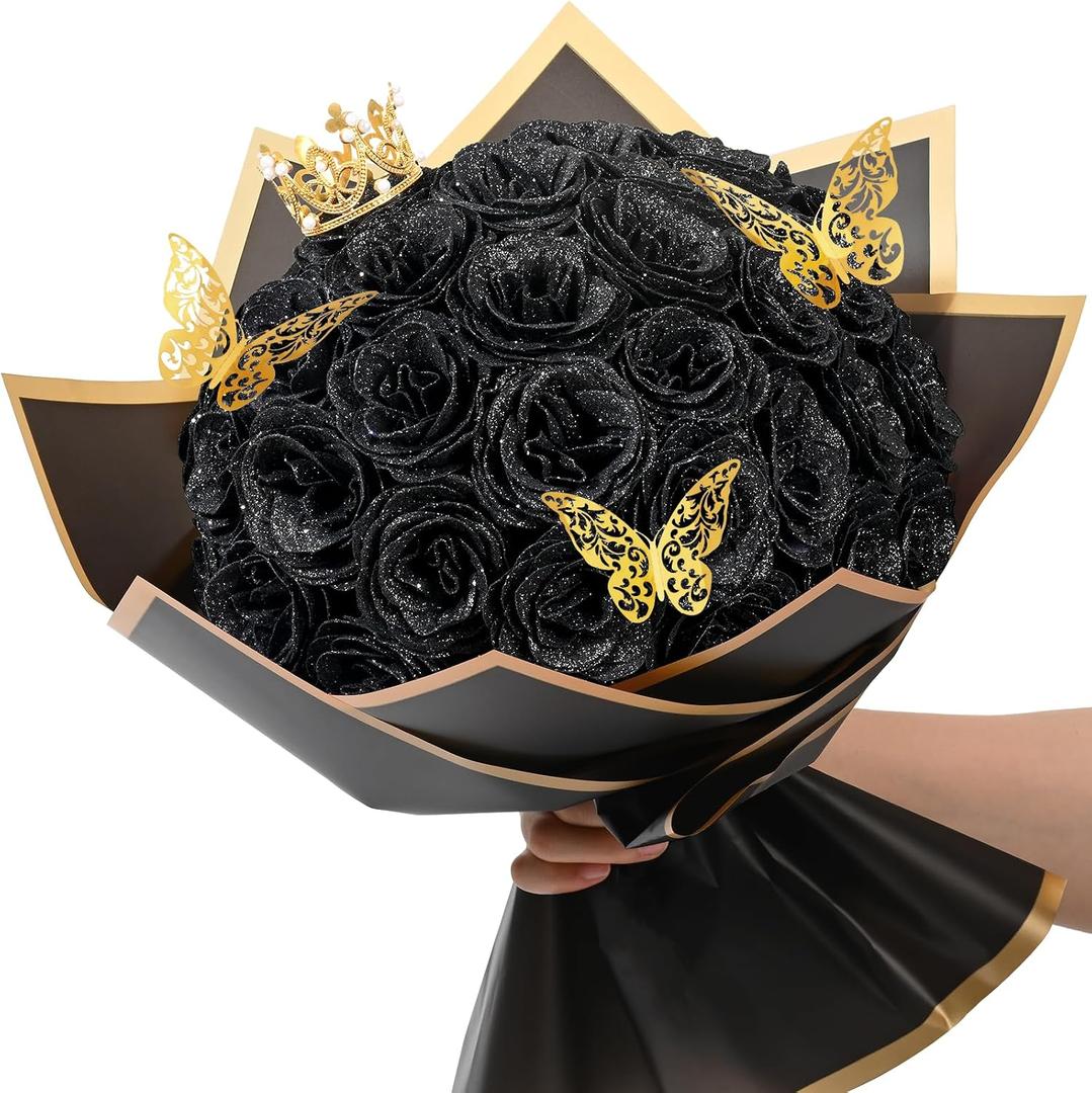 Waipfaru Black Glitter Roses Bouquet, DIY Flowers Bouquet, Birthday Gifts for Women Mom Grandma Wife Girlfriend, 36 Pcs Fake Rose for Valentines, Mothers Day, Anniversary, Graduation Gifts