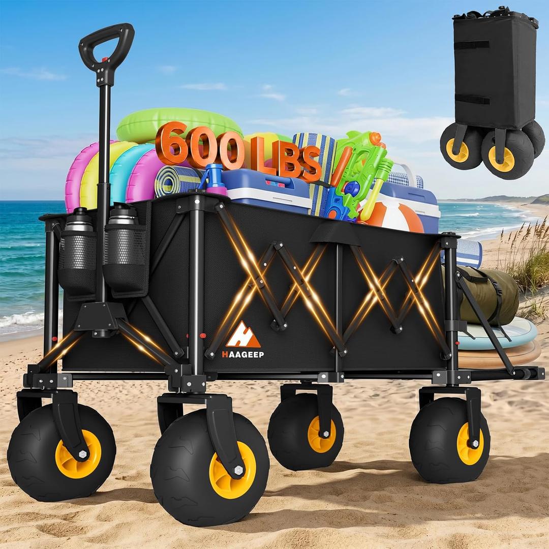 Heavy Duty Beach Wagon with Big Wheels for Sand, 10" Wheel Collapsible Wagons Foldable Large Wagon Cart Folding All Terrain for Camping