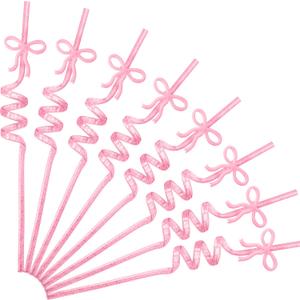 JOYIN 24 Pcs Valentine's Day Pink Glitter Straws with Bow Charms, 7.9" Reusable Plastic Straws, Pink Bow Themed Bachelorette Birthday Baby Shower Party Coquette Room Decor Tableware Drinkware Supply