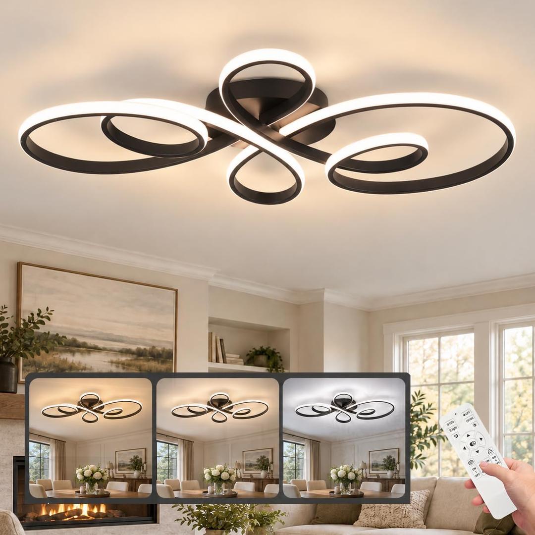 Black Modern LED Ceiling Light with Remote and App, 31.89-Inch Flower Flush Mount Ceiling Light, Dimmable 3000K-6000K, 4480LM Ceiling Fixture for Living Room Bedroom,