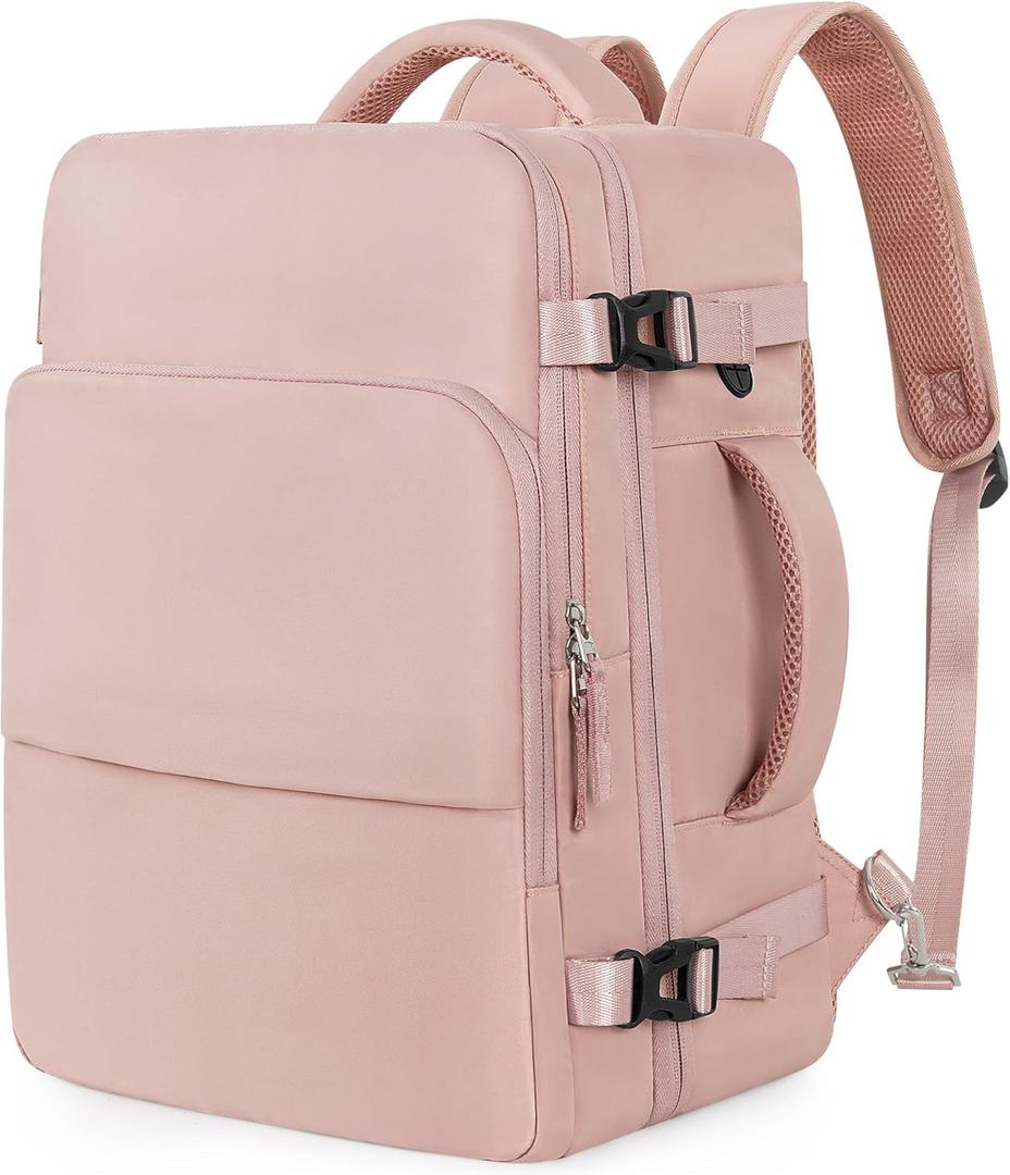 Hanples Carry On Bags Travel Backpack for Women - 35L Personal Item Luggage Backpack, Waterproof, USB Charging, Fits 16 Inch Laptops Airplane Travel Essentials (Pink)