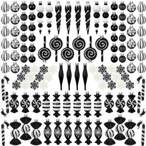 120 Pcs Black and White Christmas Tree Ornaments Christmas Ball Snowflake Hanging Candy Ornaments Swirl Lollipop Ornament Candy Cane Decorations for Xmas Tree Party Decor