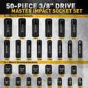 3/8'' Drive Impact Socket Set - 50-Piece Shallow & Deep Socket Set Metric and Standard Full with Universal Joint, Extension Bar, 1/2 to 3/8 Reducer, Hex Shank Socket Adapter, Ratchet Handle