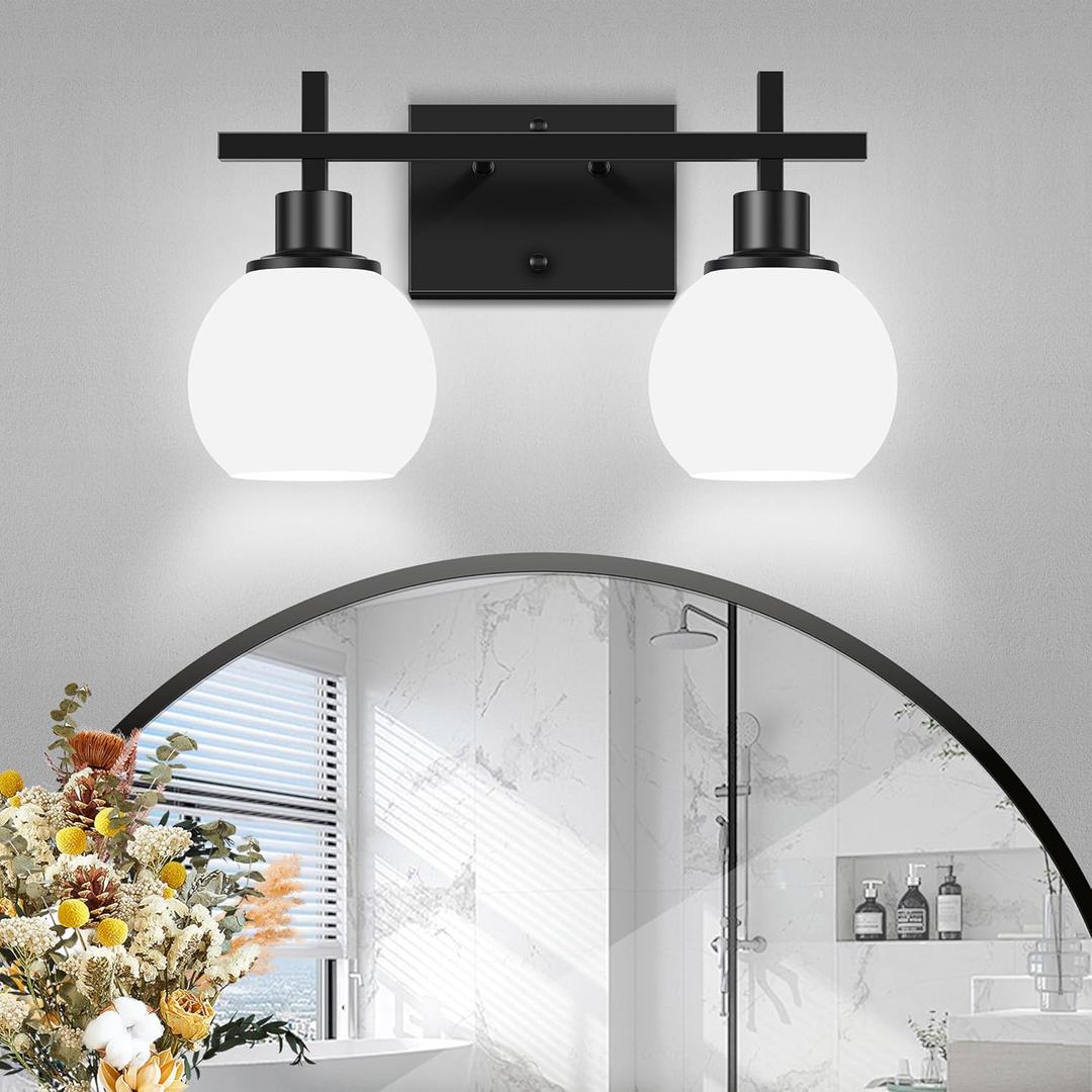 2-Light Black Bathroom Lighting Fixtures Over Mirror, Modern Vanity Lighting Fixtures, Bathroom Wall Mounted Vanity Light with Milky White Glass Lampshade for Living Room Bedroom Hallway
