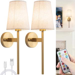 Battery Operated Wall Sconces Set of 2, Wireless Wall Sconce with Remote, Battery Operated Wall Lights Fabric Shade, 50 Hours Long Life Rechargeable Blub RGB Dimmable,Perfect Indoor Lighting (Brass)