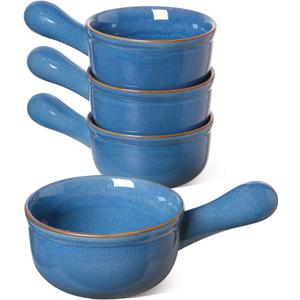 LE TAUCI Soup Bowls with Handle, 15 Oz Ceramic French Onion Soup Bowls, Large Soup Crocks Oven Safe for Stew, Onion, Soup, Chilli, Set of 4, Ceylon Blue