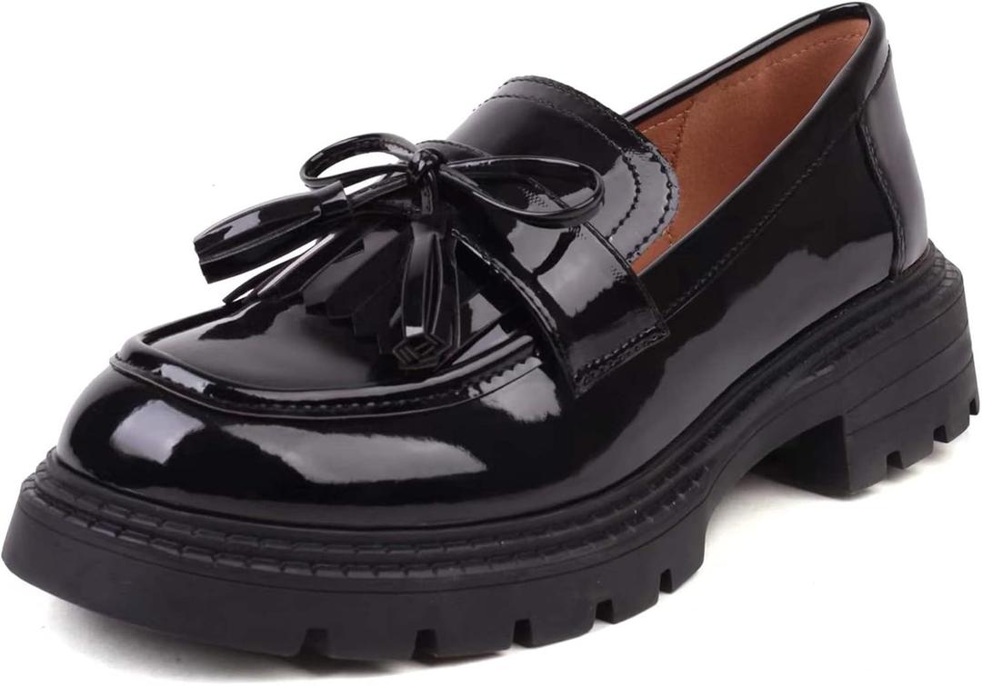 British Style Women's Fashion Loafers, Patent Leather Tassel Loafers, Black Thick-Soled Loafers, Slip-on Thick-Soled Loafers, Simple Casual Flat Shoes, Plus Size Shoes (8.5)
