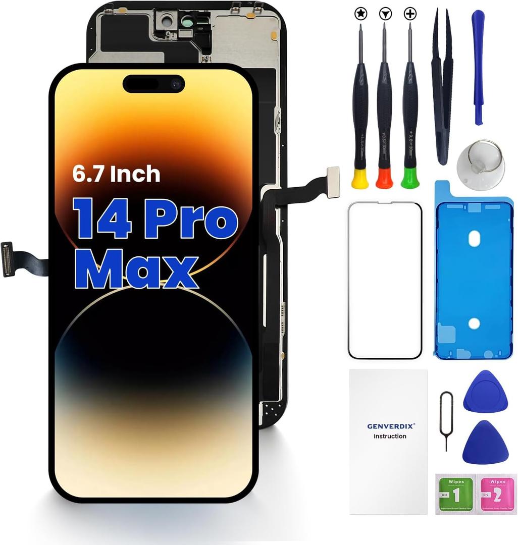 for iPhone 14 Pro Max Screen Replacement, 6.7 inch 3D Touch LCD Display Full HD Repair kit Genverdix, Digitizer Assembly with Tools Set, Tempered Glass Screen Protector, Waterproof Frame Adhesive