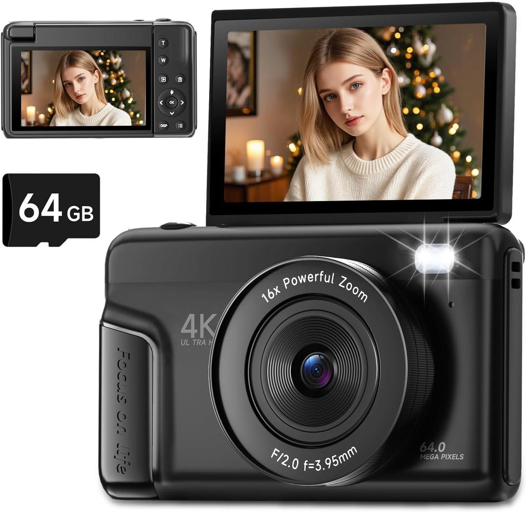 4K Digital Camera for Photography, Autofocus 64MP Vlogging Camera for YouTube with 3" 180 Flip Screen, 16X Zoom Compact Travel Point and Shoot Camera with Flash for Beginners, 64GB Card, Black