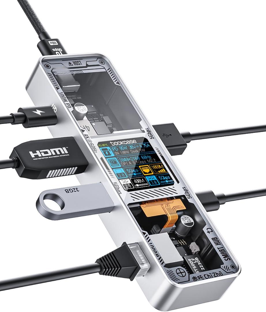 DOCKCASE Explorer Edition Visual Smart USB C Hub (6-in-1) with HDMI Port 4K@60Hz,Gigabit Ethernet,USB-C and 2 USB-A 5Gbps Data Ports, 100w PD Power Delivery, for MacBook Air/Pro, XPS, and More (Silver)