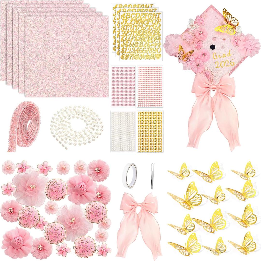 Wavwavw 58 Pcs DIY Graduation Cap Decorations Kit Grad Cap Decor Included Faux Flowers Bow Mesh 3D Butterfly Stickers, Adhesive Rhinestones, Glitter Letter Stickers, for 2026 Grad Party(Pink)