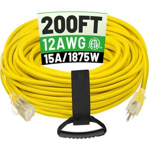 POWGRN 200 ft 12/3 Outdoor Extension Cord Waterproof Heavy Duty with Lighted End 12 Gauge 3 Prong, Flexible Cold-Resistant Long Power Cord Outside, 15Amp 1875W SJTW Yellow ETL Listed