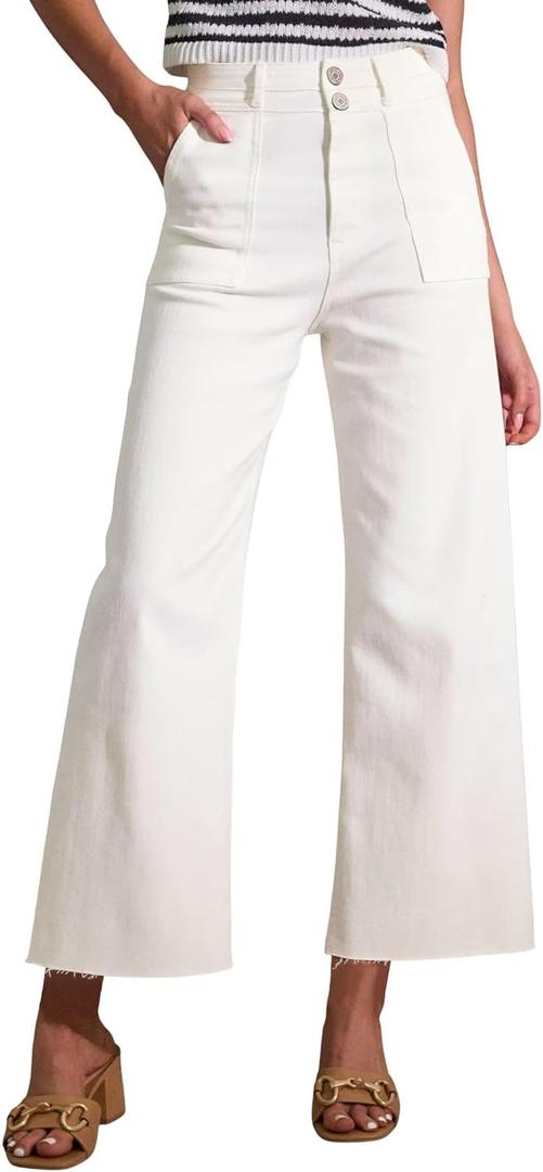 Allimy Womens High Rise Two Button Closure Cropped Jeans Wide Leg Front Slip Pockets Frayed Hem Denim Pant (12, White)