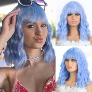 Blue Short Bob Curly Wavy Wigs with Bangs for Women Like Human Hair Natural Wig 14 Inch Made with Premium Materials Cosplay Party Wig