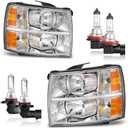 Headlights Assembly for 2007-2013 Chevy Silverado 1500 for 07-14 Silverado 2500HD 3500 Headlamp Replacement Chrome Housing Amber Reflector (turnsignal bulbs not included)