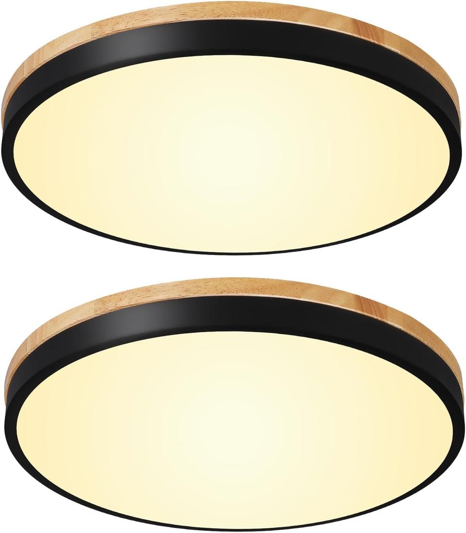 24W Dimmable Ceiling Light Fixture, 12 inch Flush Mount Light Fixture, LED Ceiling Lights Bedroom, Kitchen, Entryway, Super Bright 2700 Lumens, 300W Equivalent 5CCT(2700k-5000k) Wood & Black-2 Pack