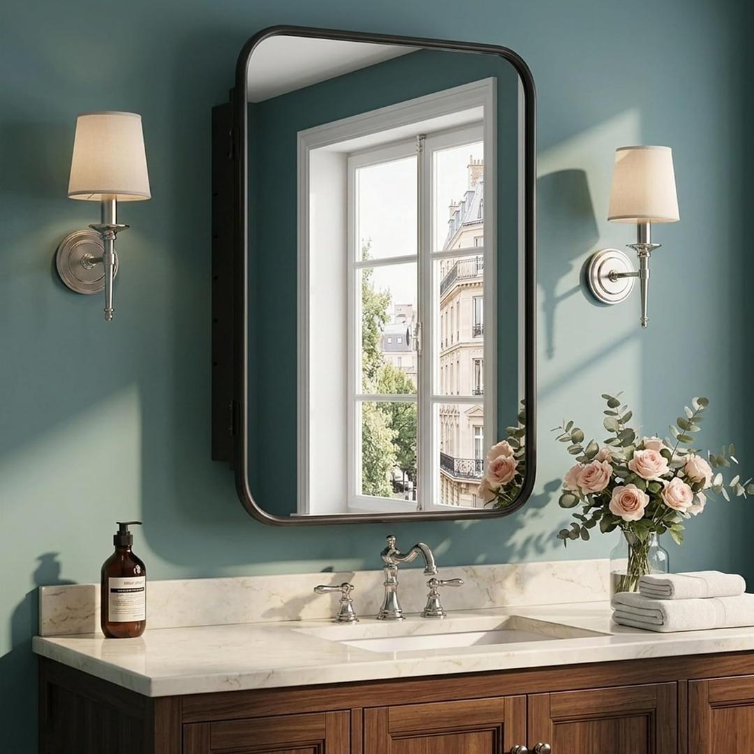 16"x24" Black Bathroom Medicine Cabinet Rounded Rectangle Mirror
