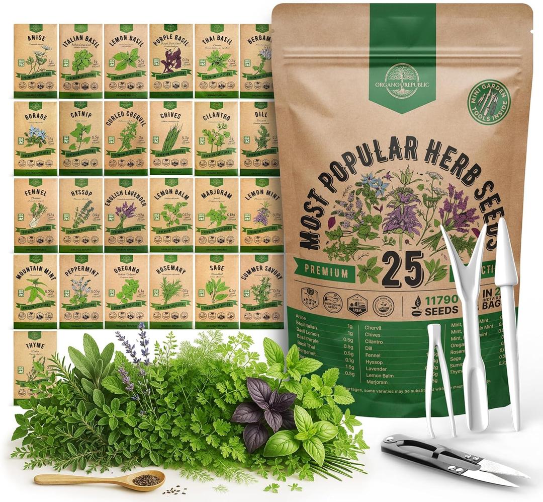 25 Most Popular Herb Seeds Variety Pack - 11,700 Non-GMO Heirloom Seeds for Planting Herbs in Individual Seed Packets for Hydroponic, Indoor & Outdoor Gardening - 2026 Season: Catnip, Dill, Thyme