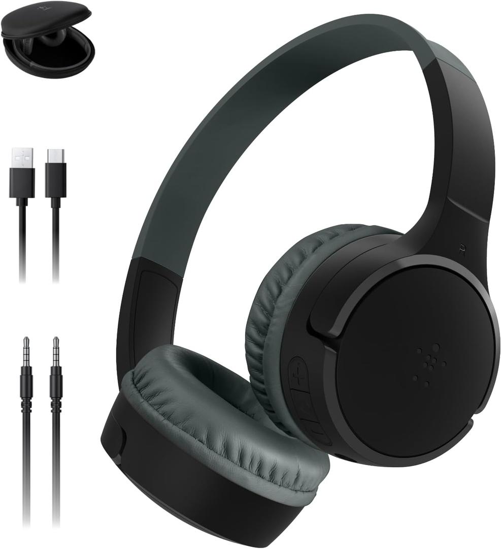 Belkin SoundForm Mini Kids Wireless Headphones w/Built-in Microphone, 30H of Playback Time, Fun Stickers, & Case - Over-Ear Headsets for Online Learning, School, iPhone, iPad, Galaxy, & More - Black
