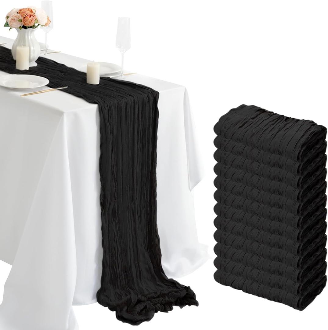 combocube 12 Pack 35x120 Inch 10Ft Cheesecloth Long Table Runner Gauze Rustic Romantic Table Cloth for Halloween Wedding Reception Bridal Shower Holiday Birthday Party Table Decorations, Black