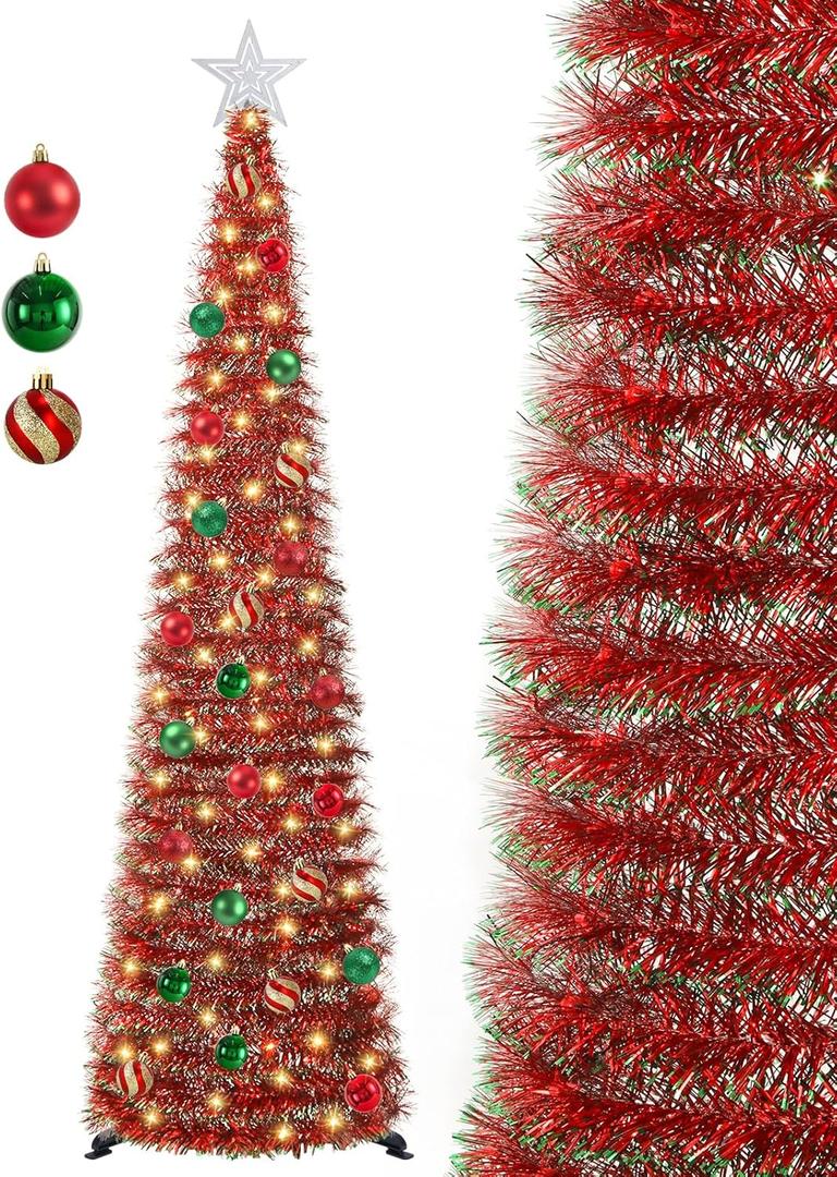 SINTENILL 5 FT Pop Up Christmas Tree with Timer Lights and Decorations, Red Tinsel Artificial Christmas Tree with 24 Balls Ornaments, Collapsible Pencil Tree for Xmas Home Office Party Decor (Red - Green Edges)