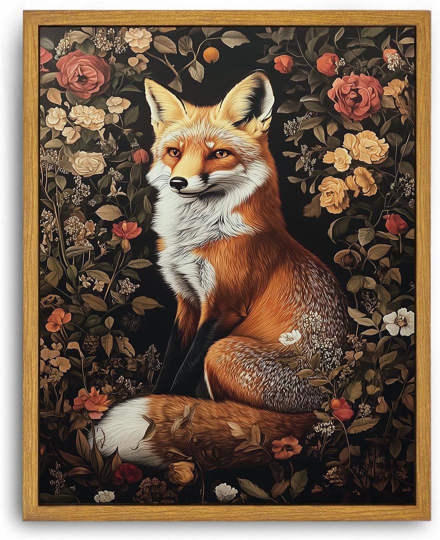 Framed Vintage Wall Art, Vintage Dark Academia Fox Paintings Wall Decor, Woodland Animal Canvas Wall Art Prints Wildlife Botanical Floral Pictures Boho Artwork for Bedroom Living Room 16x24in